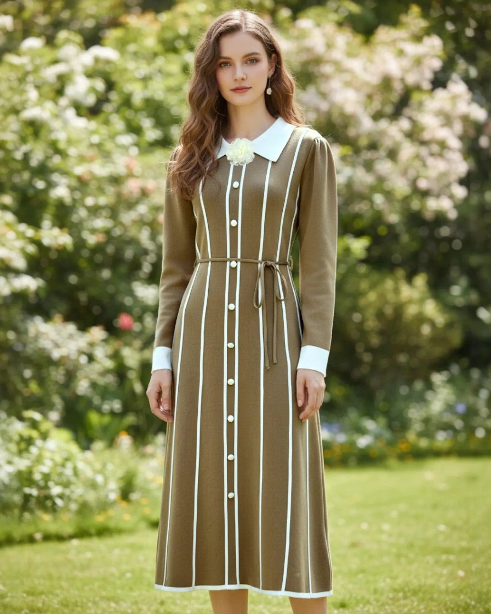 Lady's Stretchy Nylon A-Line Casual Dress - Contrast-Trim, Button-Front, Slim-Fit Midi Top, Women's Casual Wear