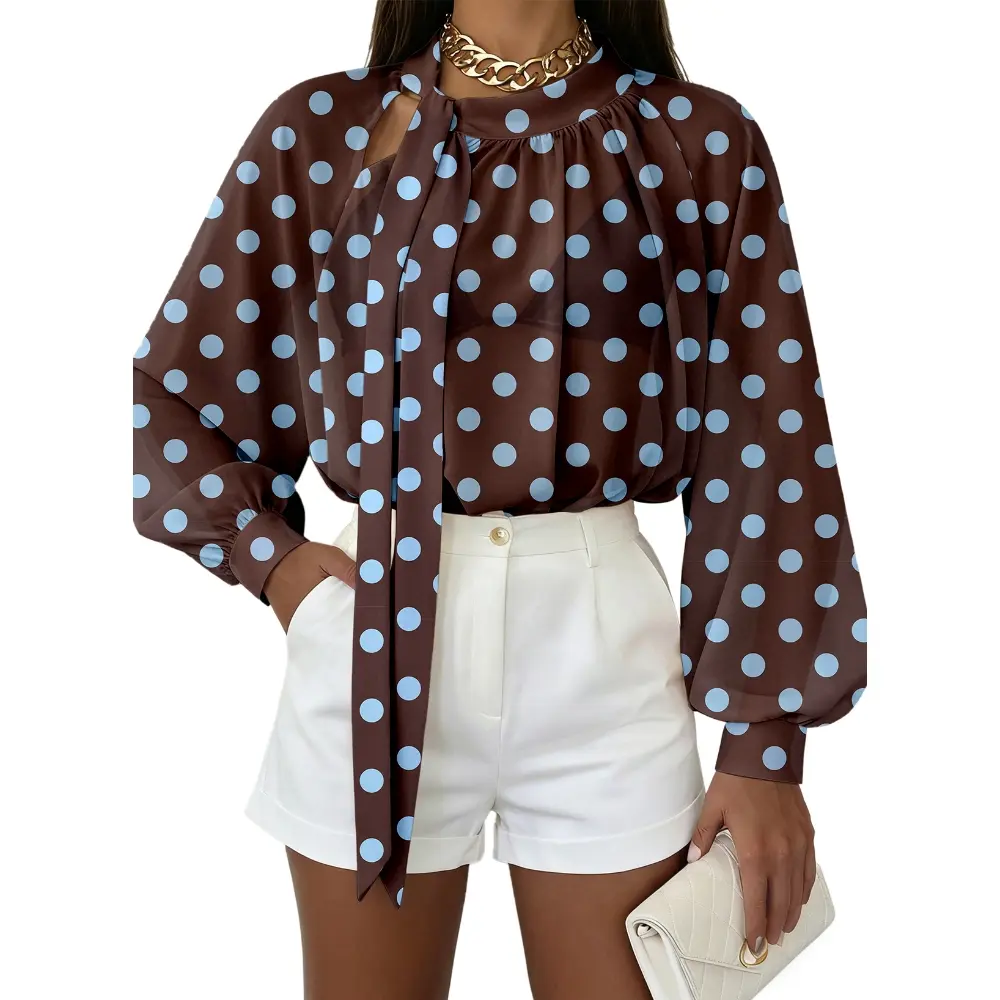 Dokotoo Womens Blouses Oversized Sexy Mesh Tops Floral Long Sleeve Shirts Tie Neck Pleated See Through Chiffon Tops