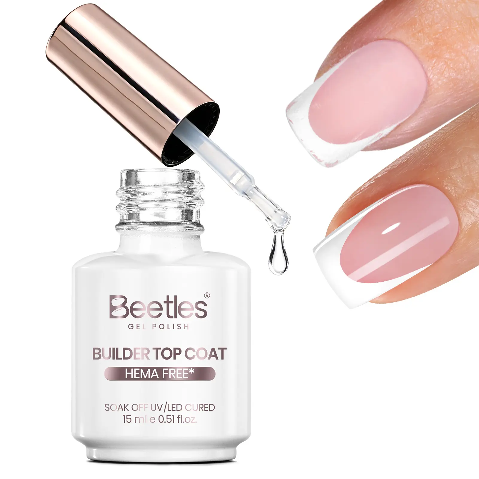 Beetles Builder Top Coat, 15ml HEMA-Free & TPO-Free UV LED Clear Gel Top Coat for Press-On Nails, Apex-Building, High-Gloss Protective Sealer for Nail Art