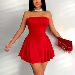 Elegant Bandeau Strapless Mini Dress | Sexy Solid Color With Scallop Detail, Suitable For Spring/Fall