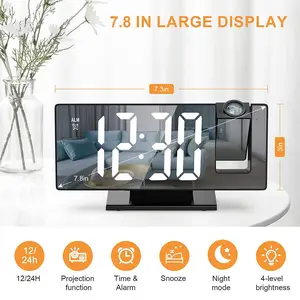 LED Digital Projection Alarm Clock 7.8" Large Display 180 °   Rotatable Projector Date Week Display Adjustable Brightness Sleep Mode Voice Control 12/24H Time Format