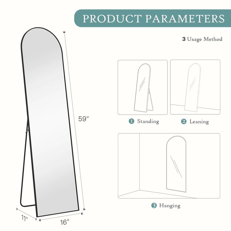 Gianna 59"x16" High-Quality Arched Full Length Mirror, Aluminum Alloy Frame Ensures Stability, Standing Design for Bedroom, Black