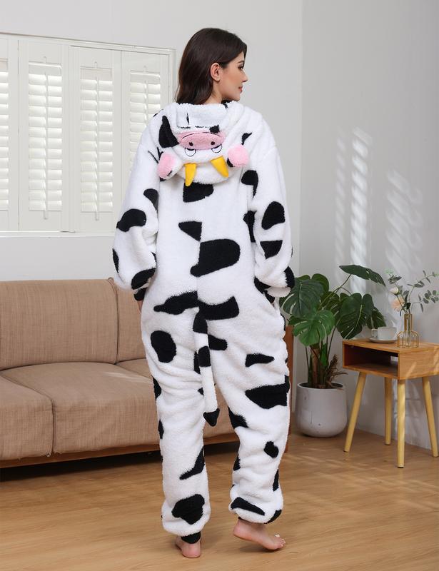 Cozy Cow Onesie for Adults, Plush Fleece Animal Costume Pajamas with Hood for Halloween, Cosplay, and Loungewear