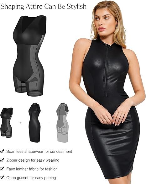 Popilush Faux Leather Midi Dress Front Zip Shapewear Tummy Control Bodycon Sleeveless Sexy Womenswear