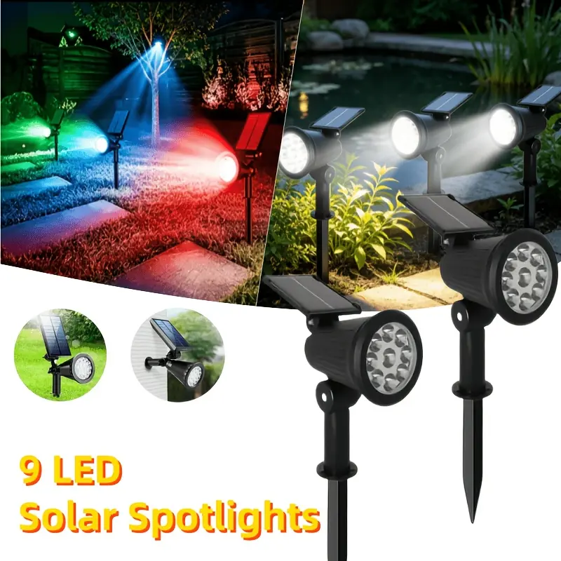 9 LEDs Solar Spotlights, Outdoor IP65 Waterproof, Spot Lights, Brightness Adjustable for Garden Backyard Driveway Patio Decor