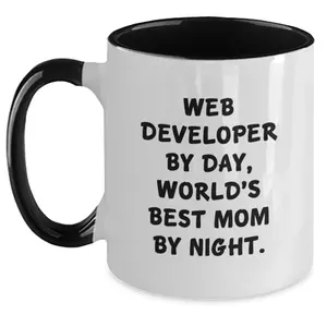 Funny Web Developer Gifts from Mom - Web Developer By Day, World's Best Mom Funny Quote - Two Tone Ceramic Coffee Mug, Christmas Unique Gifts for Web Developer Friends