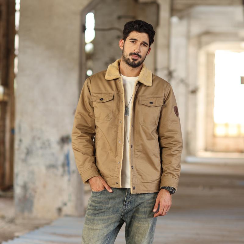 MAGCOMSEN Men's Sherpa Lined Winter Trucker Jacket Warm Multi Pocket Casual Jacket Collared Menswear Tops Cotton Fleece Long Sleeve FallFreshness Khaki Beige Jacket Outdoorfun