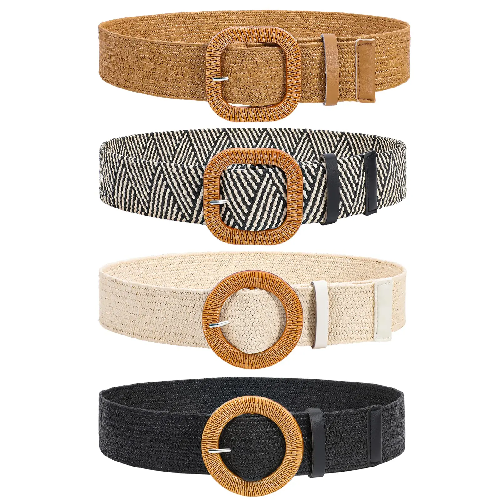 4 Pack Straw Woven Elastic Stretch Waist Belt Fashion Boho Dress Braided Belts for Women 4 Pack Straw Woven Elastic Stretch Waist Belt Fashion Boho Dress Braided Belts for Women