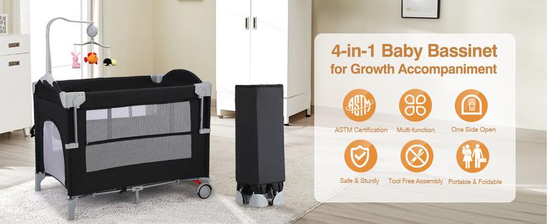 JOYMOR 4 in 1 Pack and Play, Baby Bedside Bassinet, Sturdy Play Yard with Padded Mat and Toy bar with Soft Toys JOYMOR 4 in 1 Pack and Play, Baby Bedside Bassinet, Sturdy Play Yard with Padded Mat and Toy bar with Soft Toys