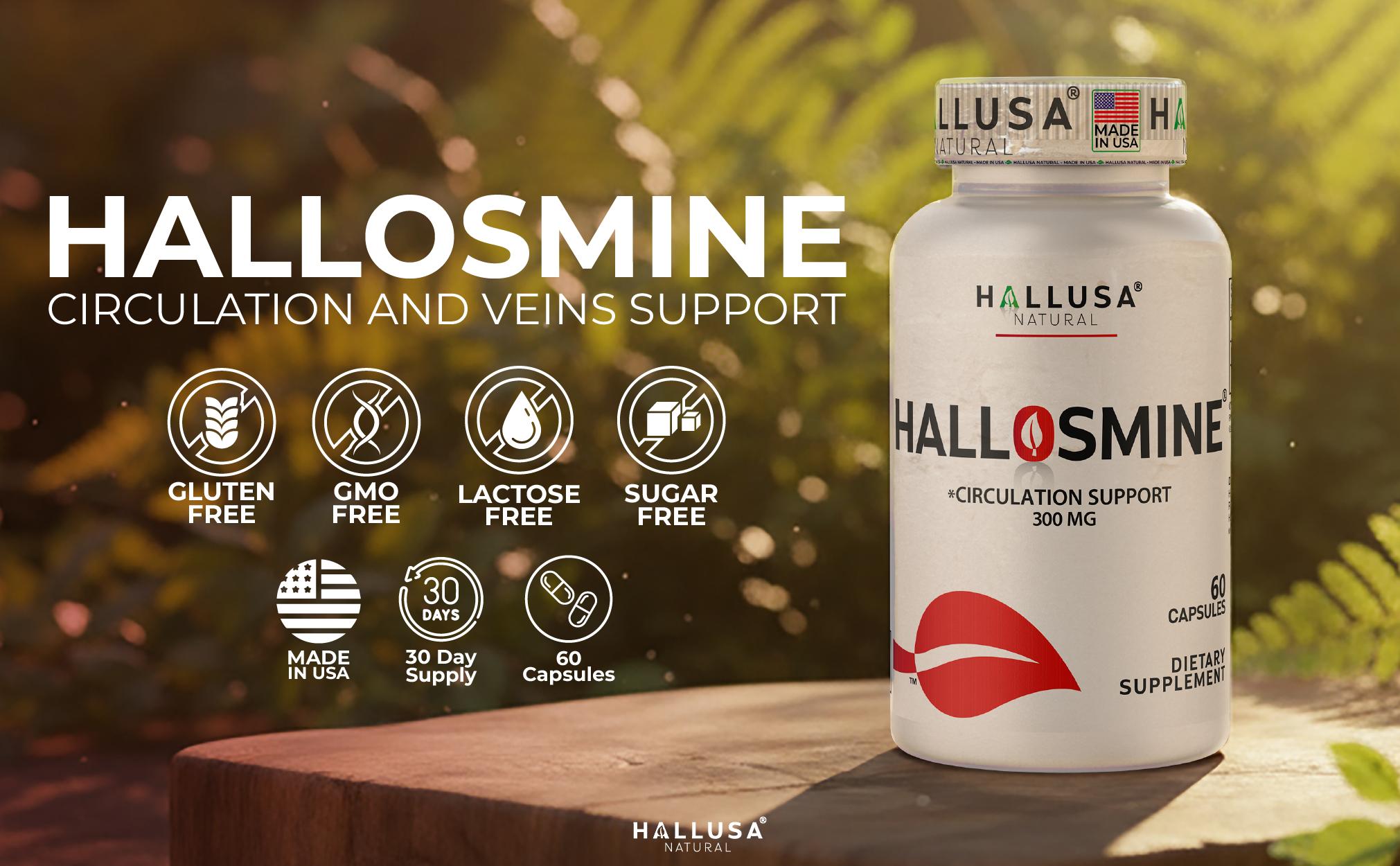 HALLUSA NATURAL HALLOSMINE 300 Mg Diosmin Circulation 60 Capsules Gluten-Free Organic GMO-Free Sugar-Free Supplement for Healthy Circulation & Veins Health Made in USA Dietary