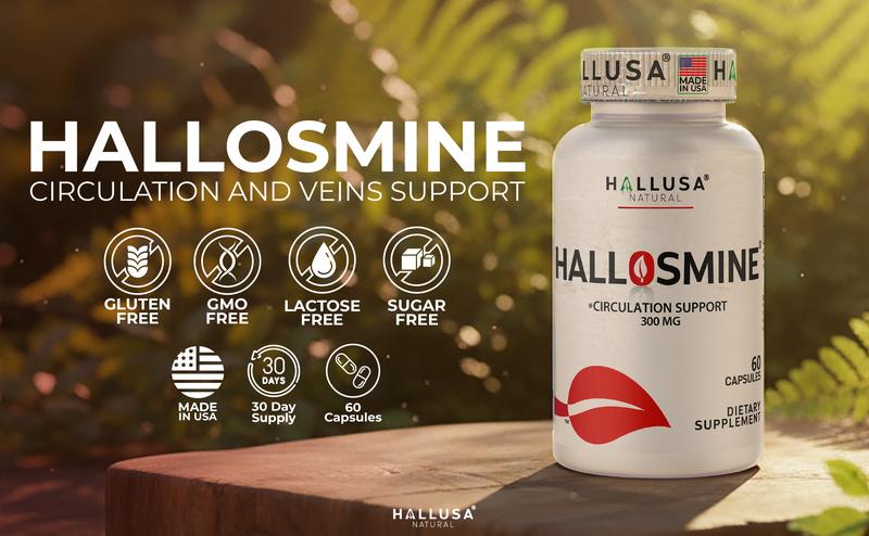 HALLUSA NATURAL HALLOSMINE 300 Mg Diosmin Circulation 60 Capsules Gluten-Free Organic GMO-Free Sugar-Free Supplement for Healthy Circulation & Veins Health Made in USA Dietary