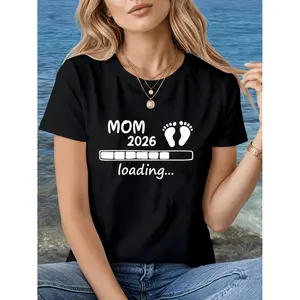 Mom Upgrade Loading Bar with Footprints T-Shirt for Women Spring and Summer Letter Print Round Neck