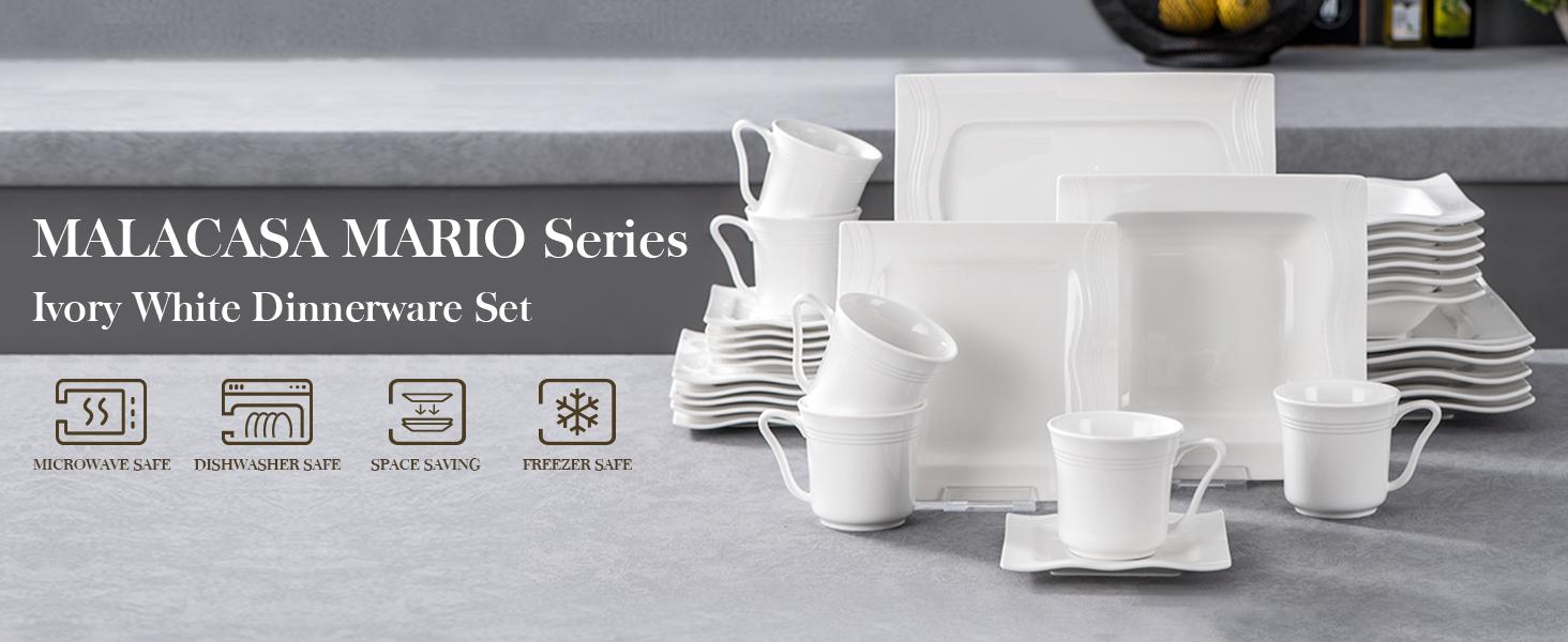 MALACASA 28/30 Pieces Ivory White Dinnerware Sets,  Porcelain Square Plates and Bowls Sets for 6, Ceramic Dishware Set, Series Mario modern design Winter Holiday