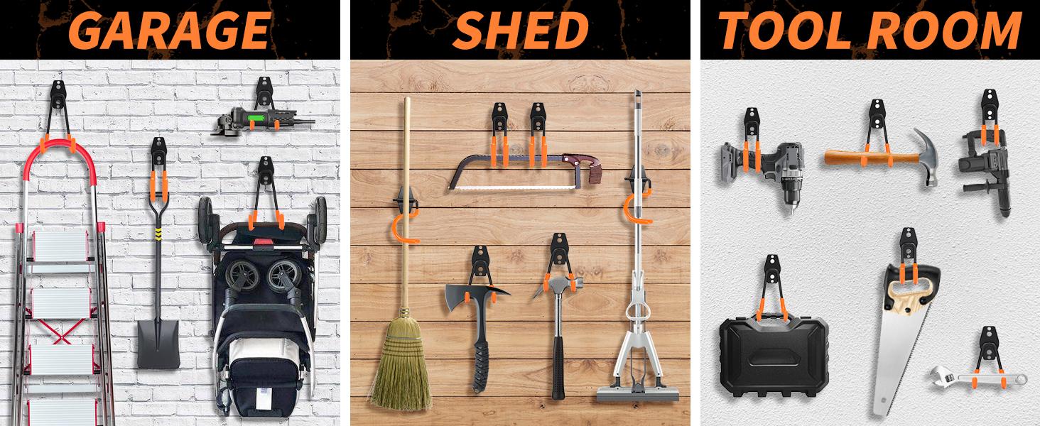 16 Pack Garage Hooks Heavy Duty Organization for Tools Wall Mount Utility Hook Garage Hanger Storage Hooks with 2 Extension Cord Straps Shed Organiser