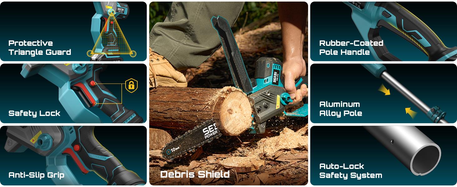 SEESII (10/8/6)-Inch 2-in-1 Cordless Pole Saw & Mini Chainsaw, 900W Brushless Motor & 2 x 2/4.0Ah 21V Batteries, 16Ft Max Reach & 14 Piece Kit for Tree Trimming CHT11