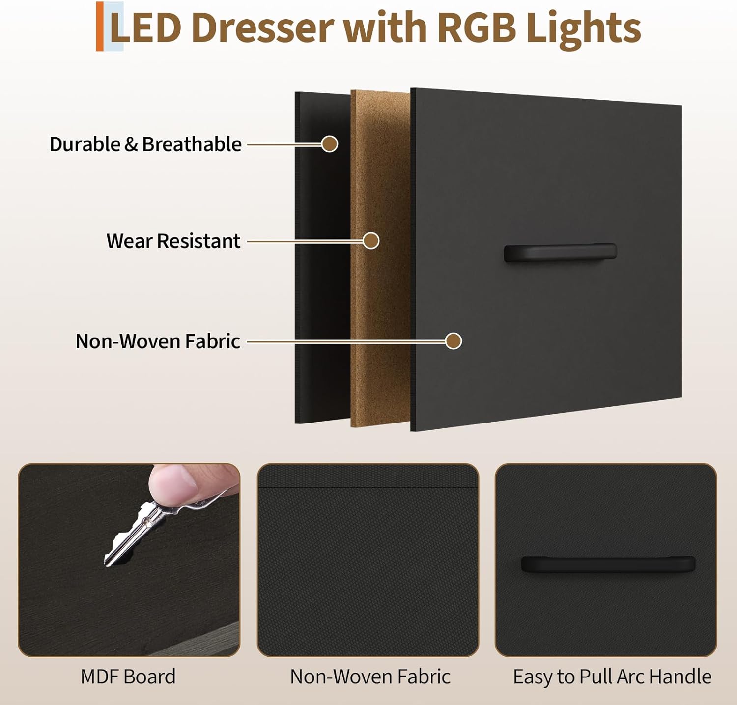 49.2" w Dresser with Hanging Rack & LED Lights, 6-Drawer Closet Organizer with Charging Station, Tall Storage Tower for Bedroom, Reversible Wood Top Chest, Sturdy Frame