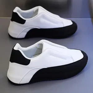 Men's Slip-On Casual Sneakers - Black & White, Thick Sole, Height Boosting, Versatile Fashion Shoes for All Seasons, Round Toe, Low-Top Design with PU Upper and Fabric Lining Training Trainer