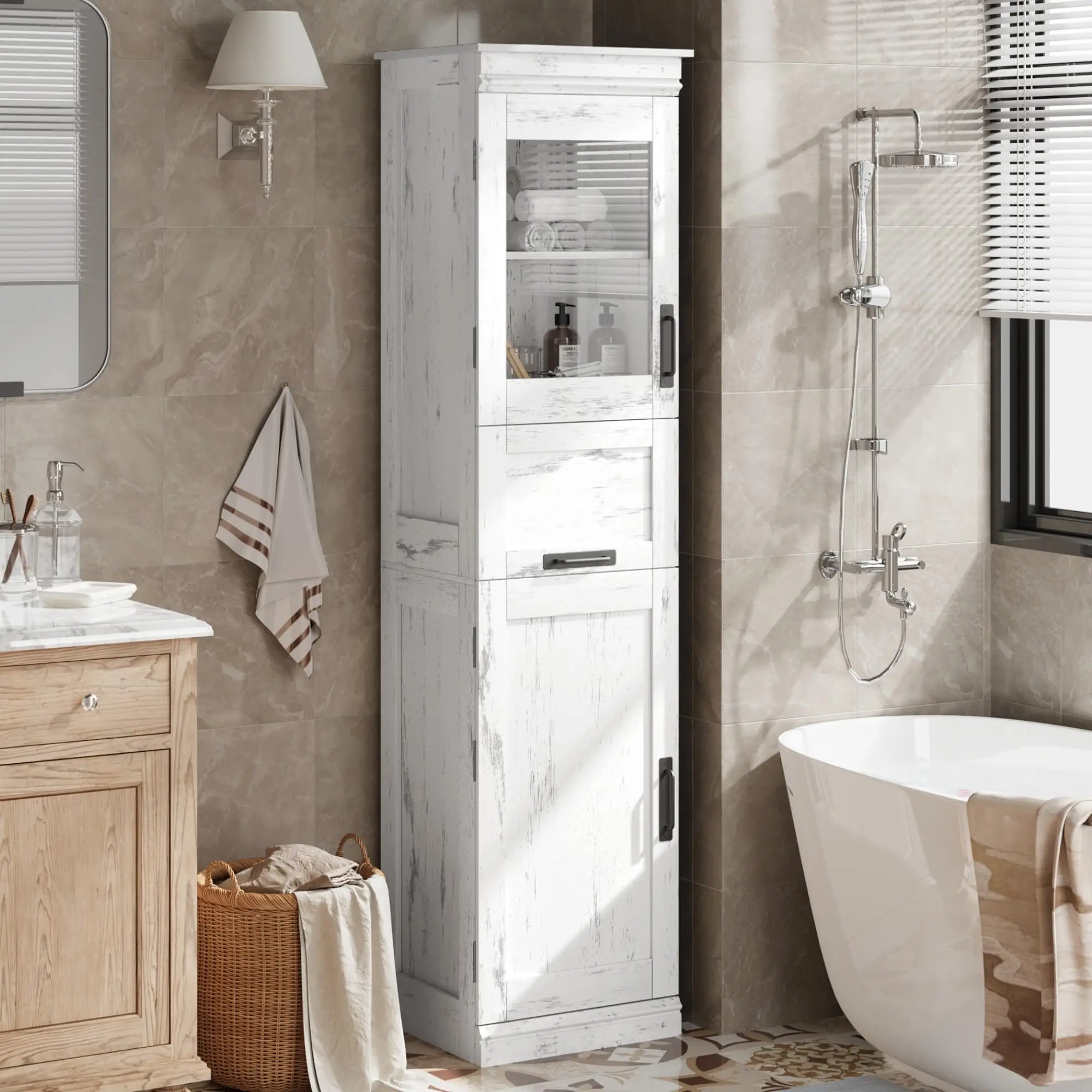 GARVEE Stylish GARVEE Slim Bathroom and Kitchen Cabinets with Glass Doors, Adjustable Shelves, and Freestanding Design for Small Spaces, Perfect for Laundry Room, Living Room, or Home Office in Antique and Retro White Finish.