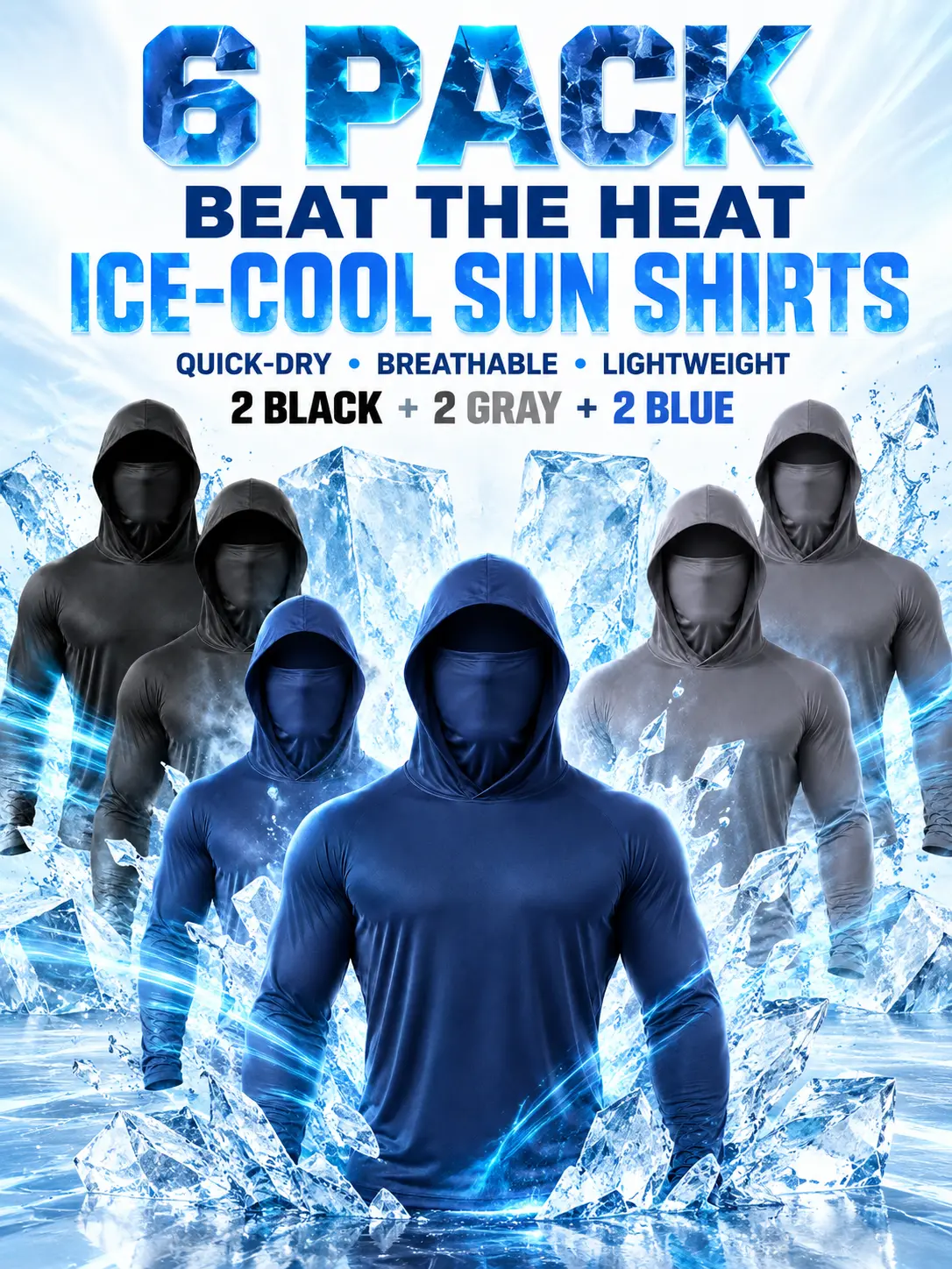 [6-Pack] Men's Lightweight Sun Protection Work Hoodies, Long-Sleeve Breathable Shirts with Built-In Face Cover for Hot Weather Outdoor Jobs and Sports