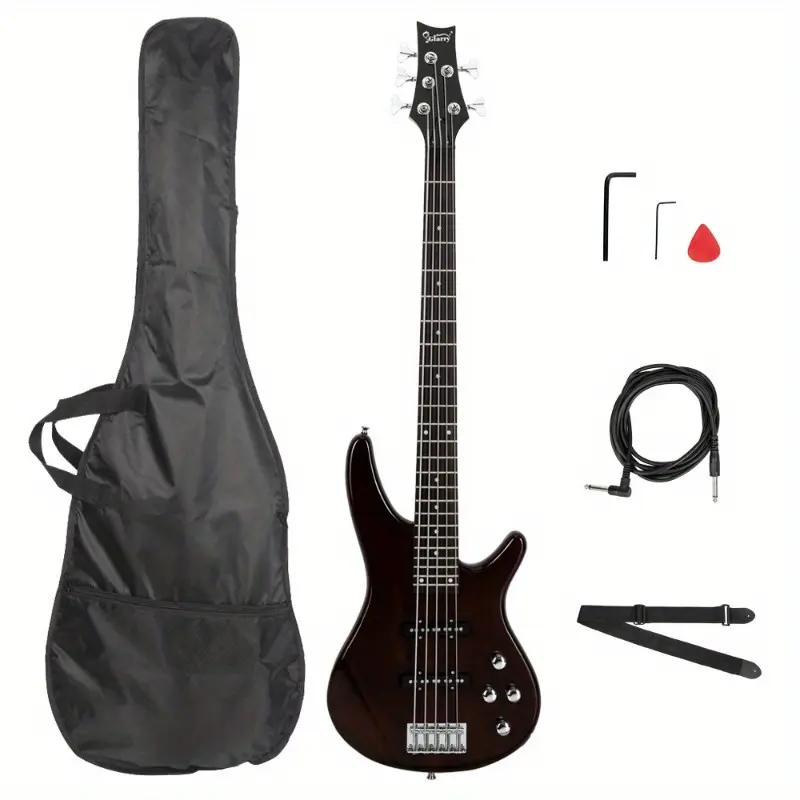 Full-Size Right-Handed 5-String Electric Bass Guitar Bundle - Sunset Earth Brown, Basswood Body, Maple Neck, Rosewood Fingerboard, 24 Frets, 34" Scale, Split Single-Coil Pickup, with Bass Bag, Guitar Strap, Wrench Tool & Accessories, 6.50Lb, 44.1 X 12.8 X