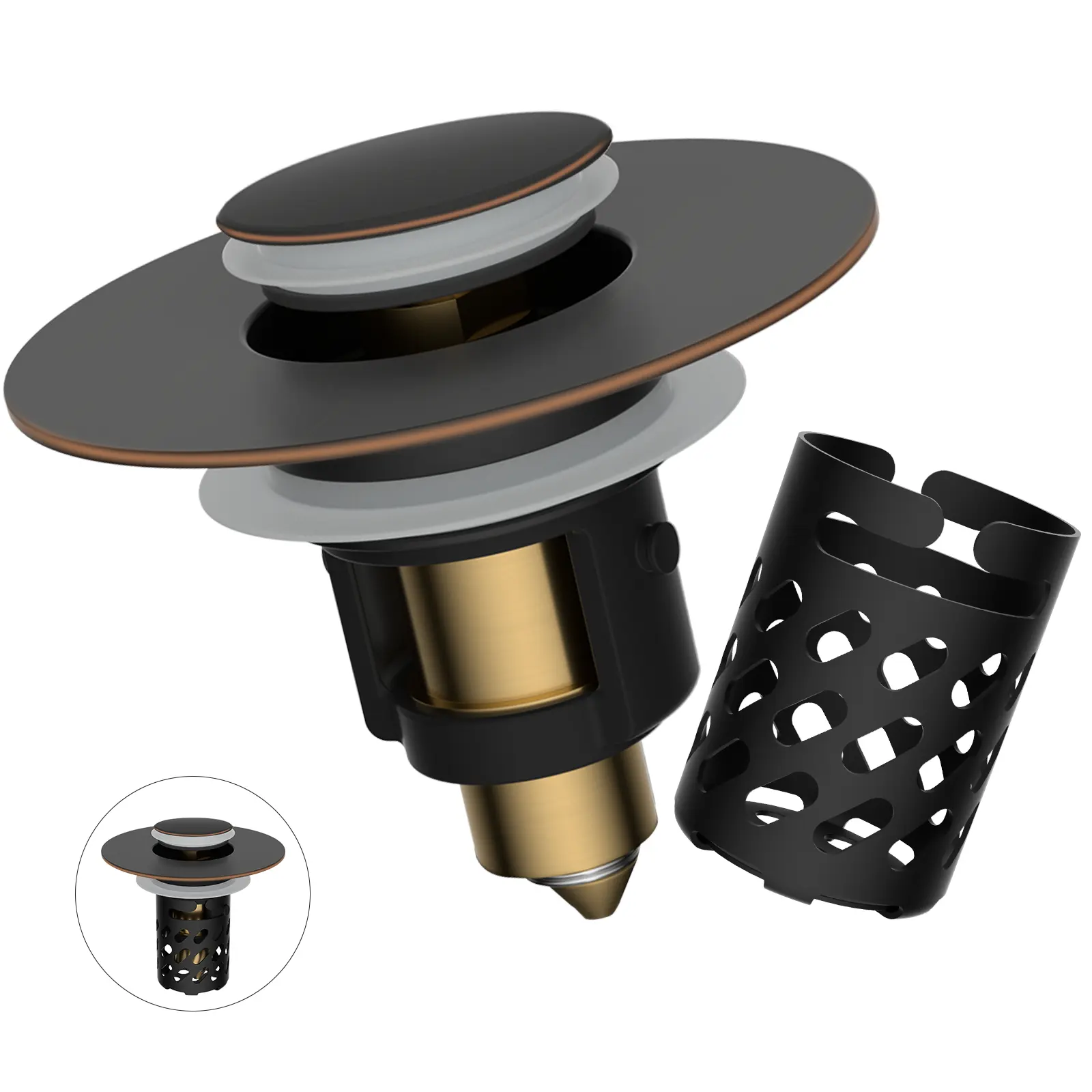 Hibbent All Metal Bathroom Sink Stopper, Pop Up Sink Drain Strainer with Removable Stainless Steel Filter Basket, Universal for 1.1"-2.36" Sink, Brass Bounce Core, Hair Catcher,home essentials