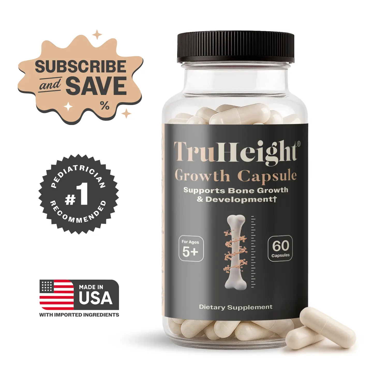 TruHeight Growth Capsules - Natural Growth & Development Supplement for Kids & Teens - Vitamin D, K, Calcium Kids Vitamins, Bone Strength, Ages 5+