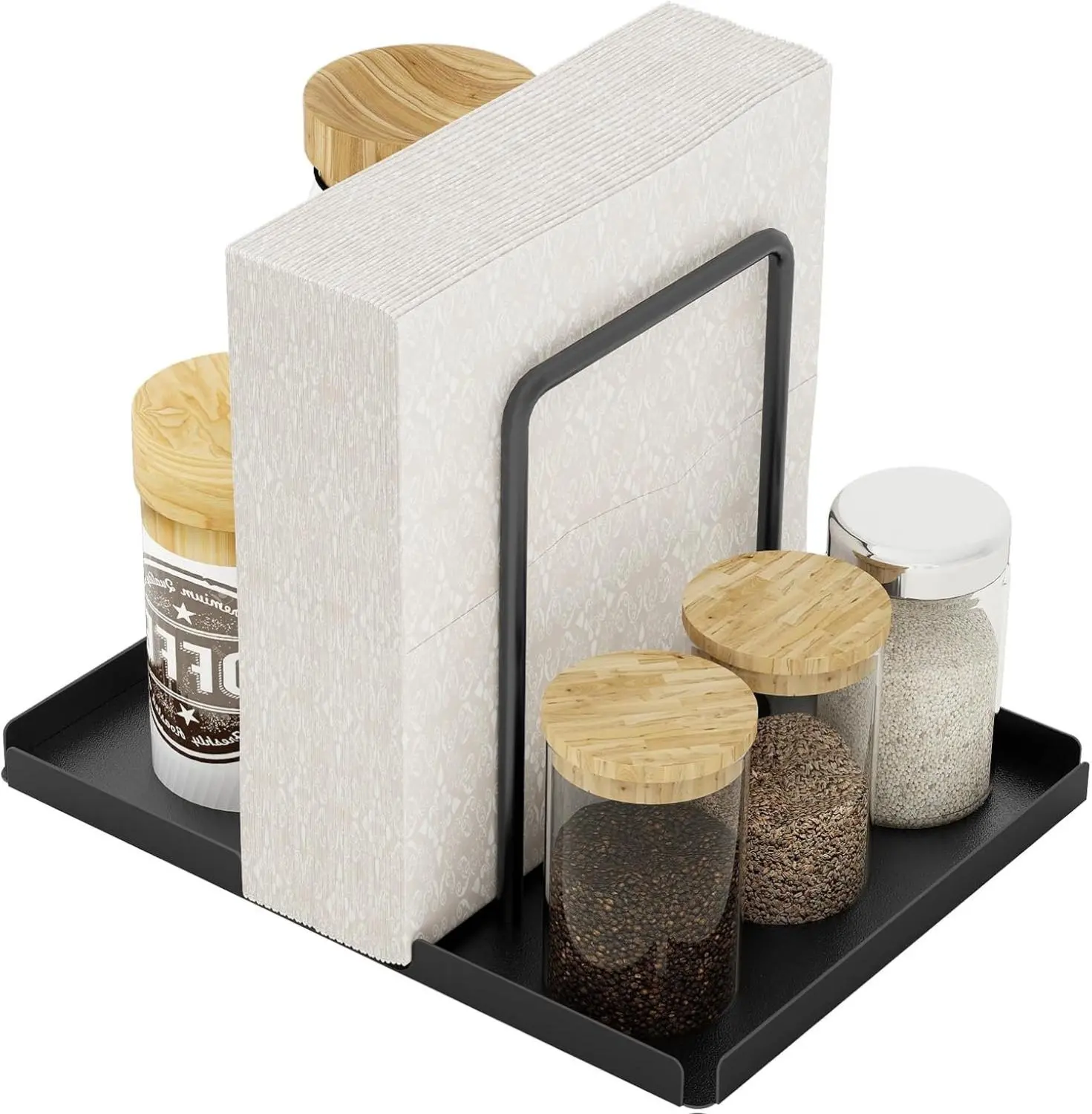 Napkin Holder, Metal Napkin Holder for Table with Salt and Pepper Shakers Caddy, Napkin Storage Dispenser for Kitchen Dinner Table and Picnic Decors, Black