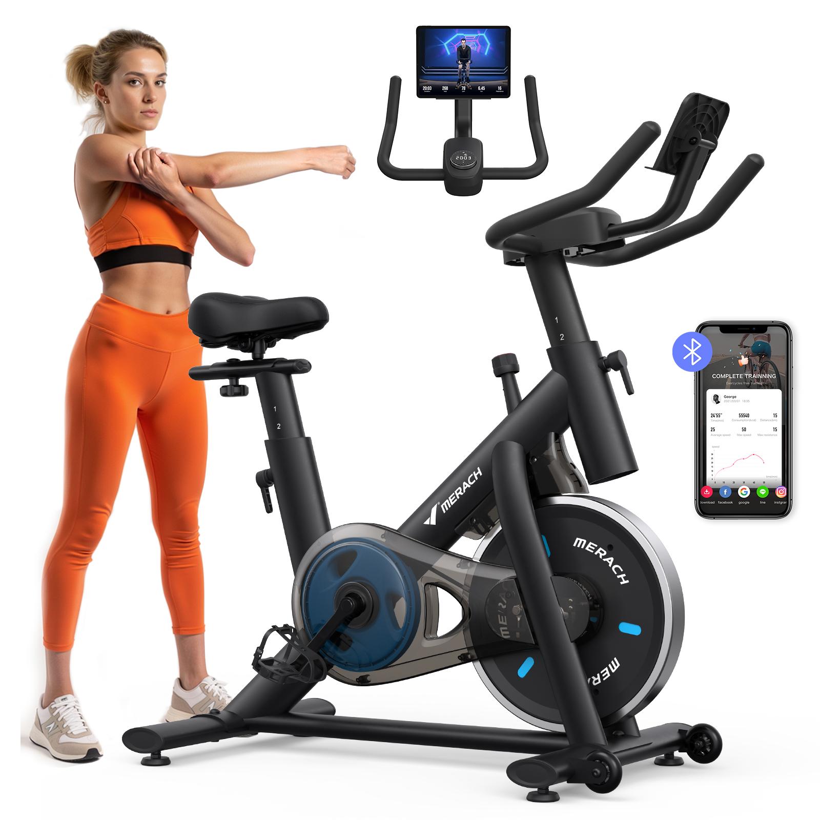 Merach Exercise Bike with New RPM Game Mode for Home Stationary Bike Enhanced Electronic with Holder Silent Belt Drive and Comfortable Seat Cushion for Cardio Workout Exclusive App ,Tablet Mount and Fitness Courses