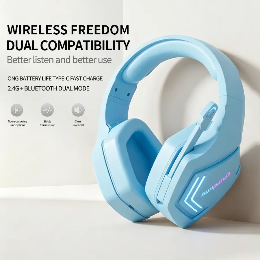 Gaming Headsets, Compatible Wireless Headphones with 2.4GHz USB-Type-C Low Latency, Bluetooth, ENC Mic, 3D Stereo, Color Lights, 50H Battery - Headset for Gaming for PS5, PS4, PC, Laptops, Mac, Switch, Gamecube, Wireless Gaming Headphones