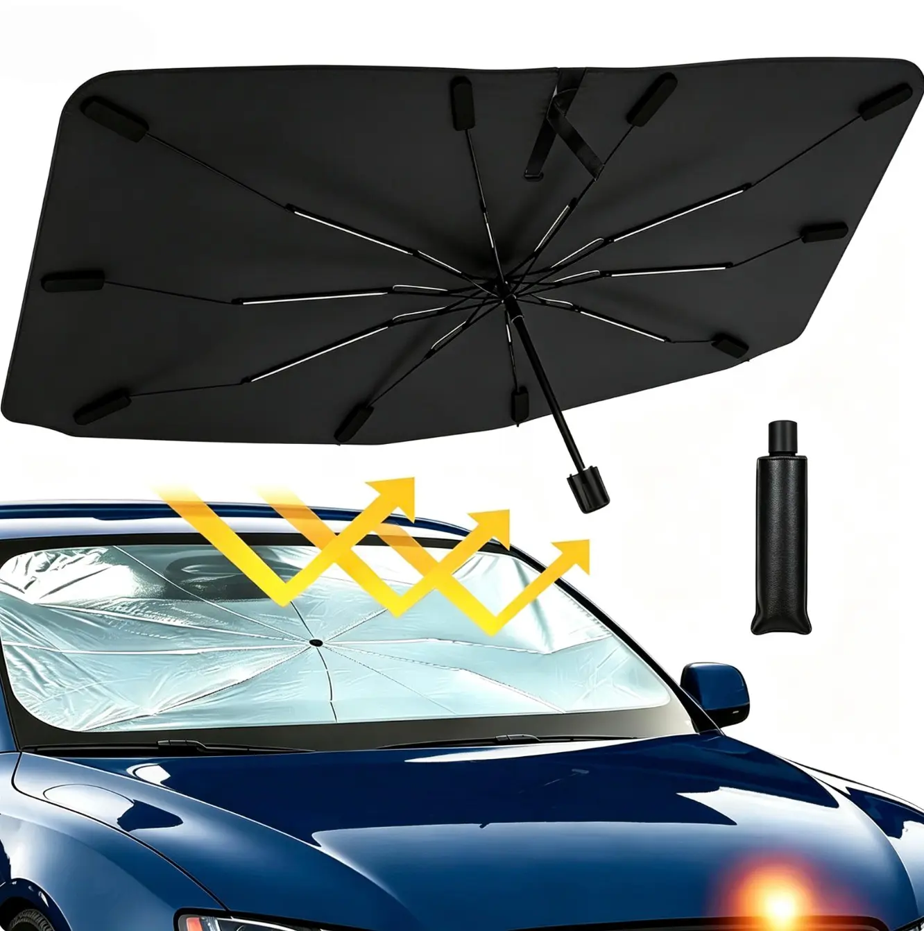 Windshield Sun Shade Umbrella for Car, Foldable Car Windshield Sunshade UV Block Heat Insulation, Fits Sedan SUV Truck, Compatible with Camry Accord Civic CRV Model Y Ideal Gifts for Men & Women