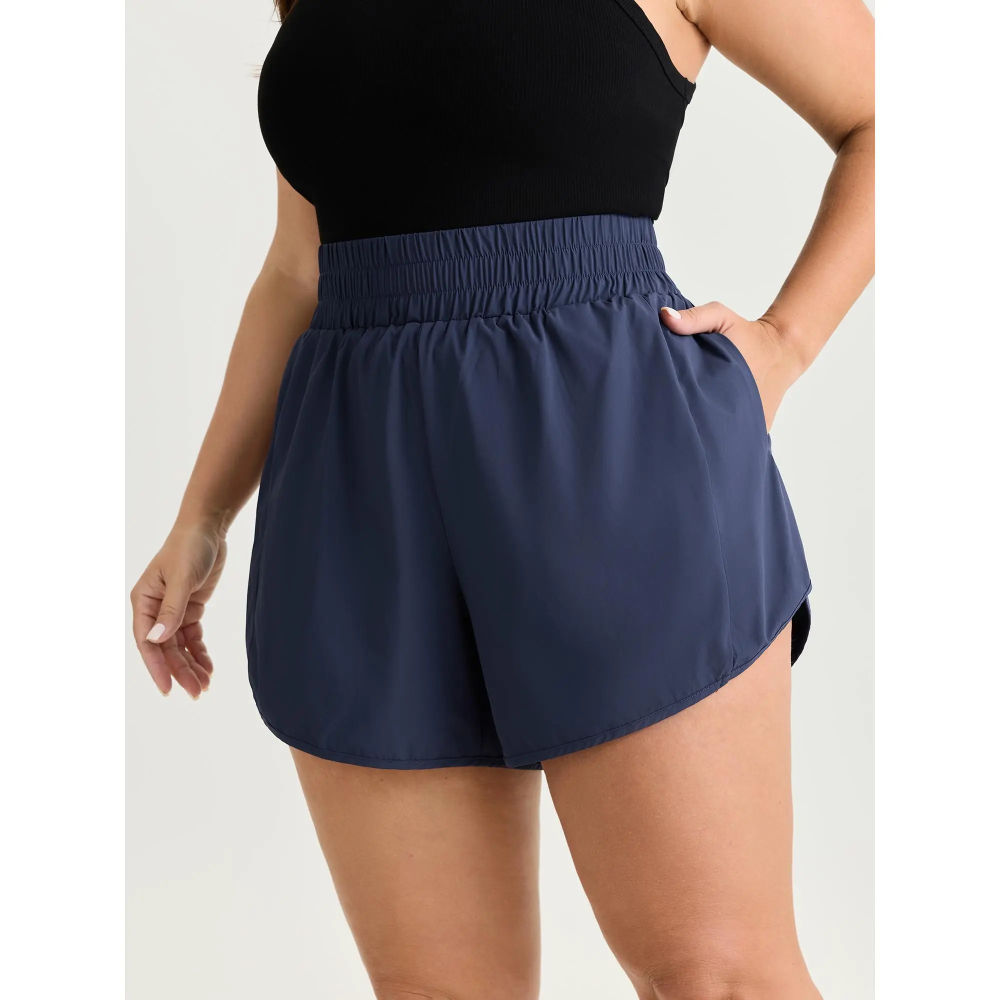 Women's Solid Casual Fit Nylon Spandex Shorts with a Smocked Mid Rise Waist and Side Pocket for Everyday Wear, Fabric, Simple, Breathable, Minimalist, Stretch Shorts, Midsize Shorts