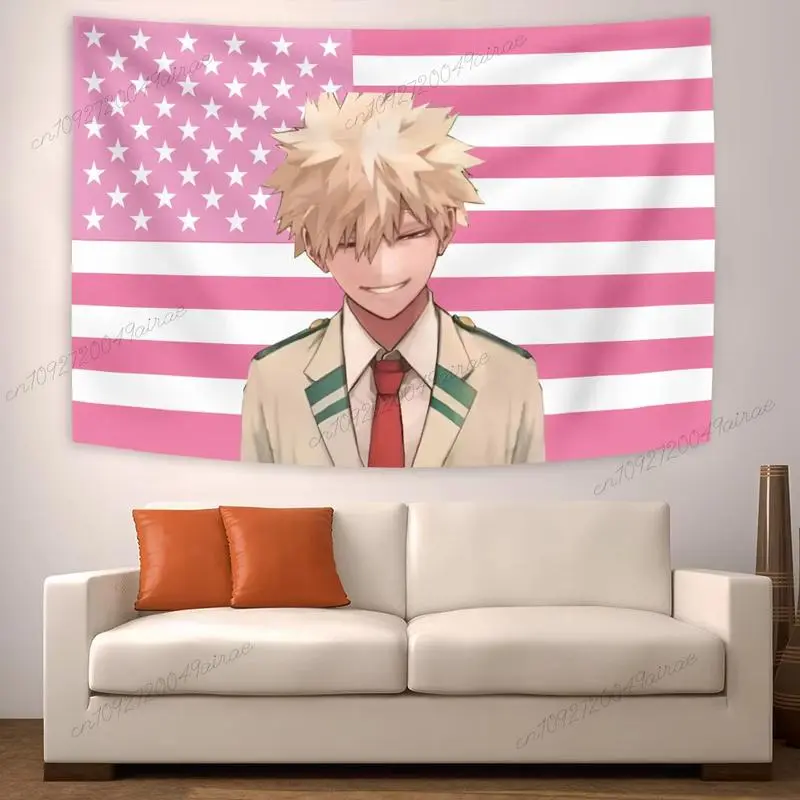 Anime My Hero Academia Bakugou Katsuki American Flag Polyester Tapestry - Decorative Indoor Wall Light Backdrop for Dormitory Bedhead, Aesthetic Home Decor (White)