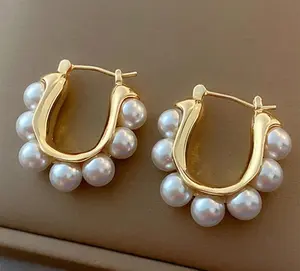U‑Shaped Circle Freshwater Pearl Drop Earrings, Plated Hypoallergenic Minimalist Jewelry, Perfect Gift for Her