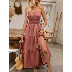 Breezaya Women's Holiday Pleated Cami Dress Maxi Vacation Beach Outfit Casual Fabric Womenswear Ruched