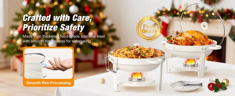 WARMOUNTS 5QT White Chafing Dishes for Buffet with Glass Lid 2/4 Pack, Maifanite-Coated Round Chafing Dish Set w/Mirror-Polished Stainless Steel Rolled Rim, Stackable, Lid Holder for Party, Wedding