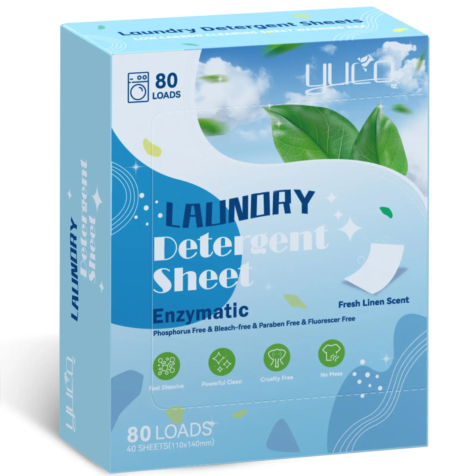 YUCO Laundry Detergent Sheets 80 Loads, Eco Friendly Laundry Soap Washer Sheets, Liquidless Laundry Detergent Sheet for Travel No Plastic, Hypoallergenic, Fresh Linen Scent Enzymatic Save Space Low Foaming Powerful Clean