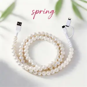 Girls Car 2-in-1 Shiny Charging Cable | Universal USB-C & Lightning for iPhone 16/Samsung/Earbuds | Anti-Tangle Portable Design for Car & Daily Use | Cheerful Colors: Pearl White, Rainbow Star, Macaron | Essential Smartphone & Cellphone Charger Accessory