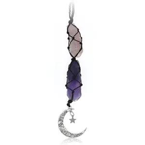 Healing Crystal Car Hanging Decor, Rose Quartz & Amethyst Crystal Sun Catcher, Moon  Car Interior Ornament, Unisex Rearview Mirror Decoration, Car Ornaments，Energy Stone Gift