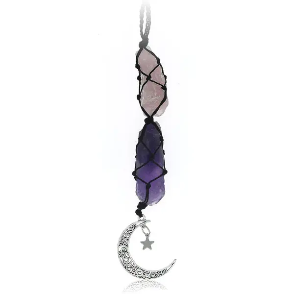 Healing Crystal Car Hanging Decor, Rose Quartz & Amethyst Crystal Sun Catcher, Moon  Car Interior Ornament, Unisex Rearview Mirror Decoration, Car Ornaments，Energy Stone Gift