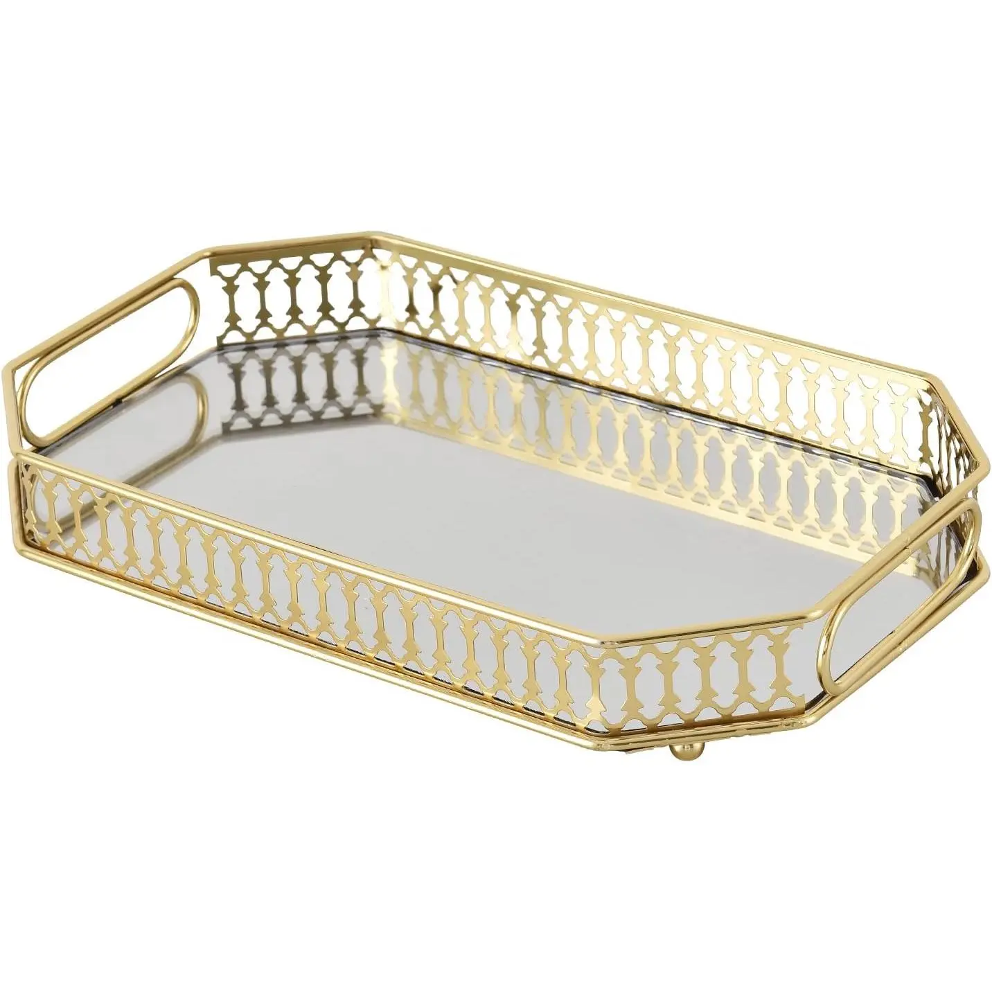 Vintage Gold Glass Mirrored Vanity Tray with Handles - 11.4x7.1x1.9 in Luxury Vanity Accessory, Large Capacity Makeup Organizer for Bathroom Organization, Indoor Office Space Bar Setup, Vanity Accessories