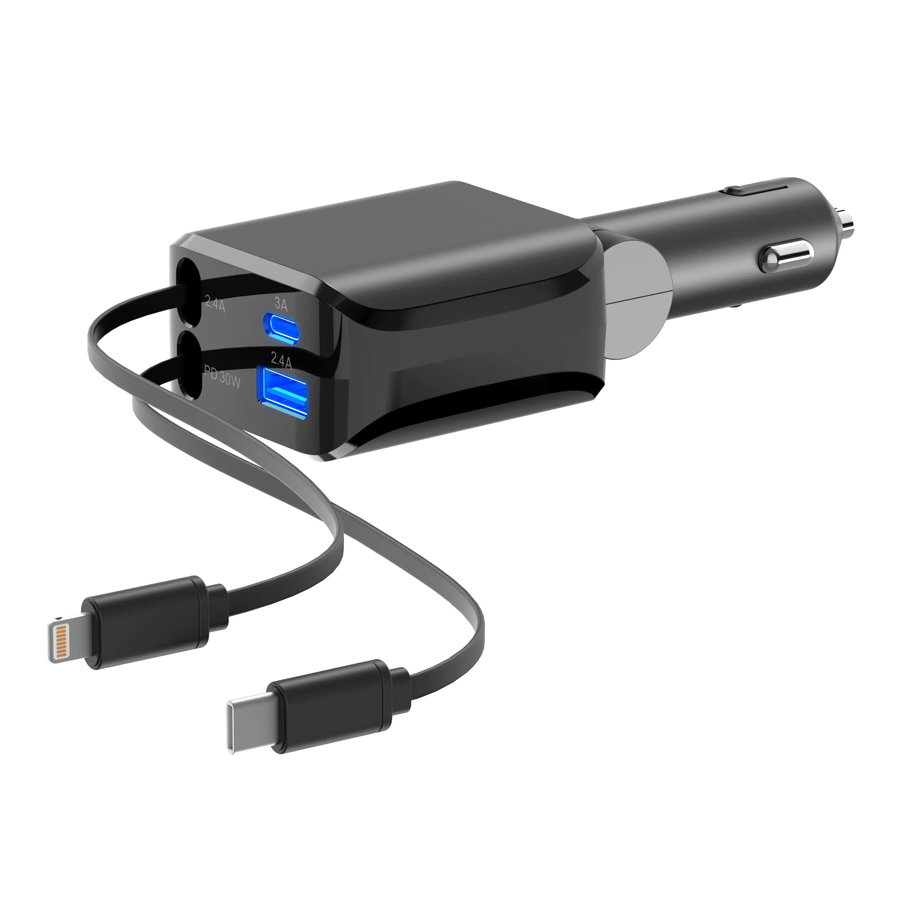 100W 4-in-1 Retractable Vehicle Charger, Fast-Charging Multiport Type C Adapter with Lightning Cable & Dual Ports – Type C Charging Auto Accessories Interior for Cars, iPhone, Samsung,back to school