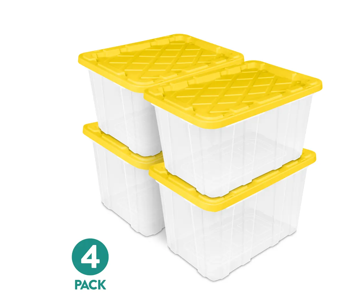 Large Storage Bin, 27 Gallon Durable Plastic Storage Tote with Snap-On Lid, Black and Yellow, 4 Pack