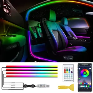 Car door frame interior ambient LED lighting with wireless app and remote control, RGB 4‑in‑1 door frame ambient lighting kit, complete four‑door vehicle kit, 16 million colors sound‑activated neon car lights active function car neon light