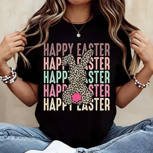 Happy Easter Leopard Bunny Print and Text Split T Shirt Set Casual Loose Fit Womens Tee for Spring Holiday Celebration