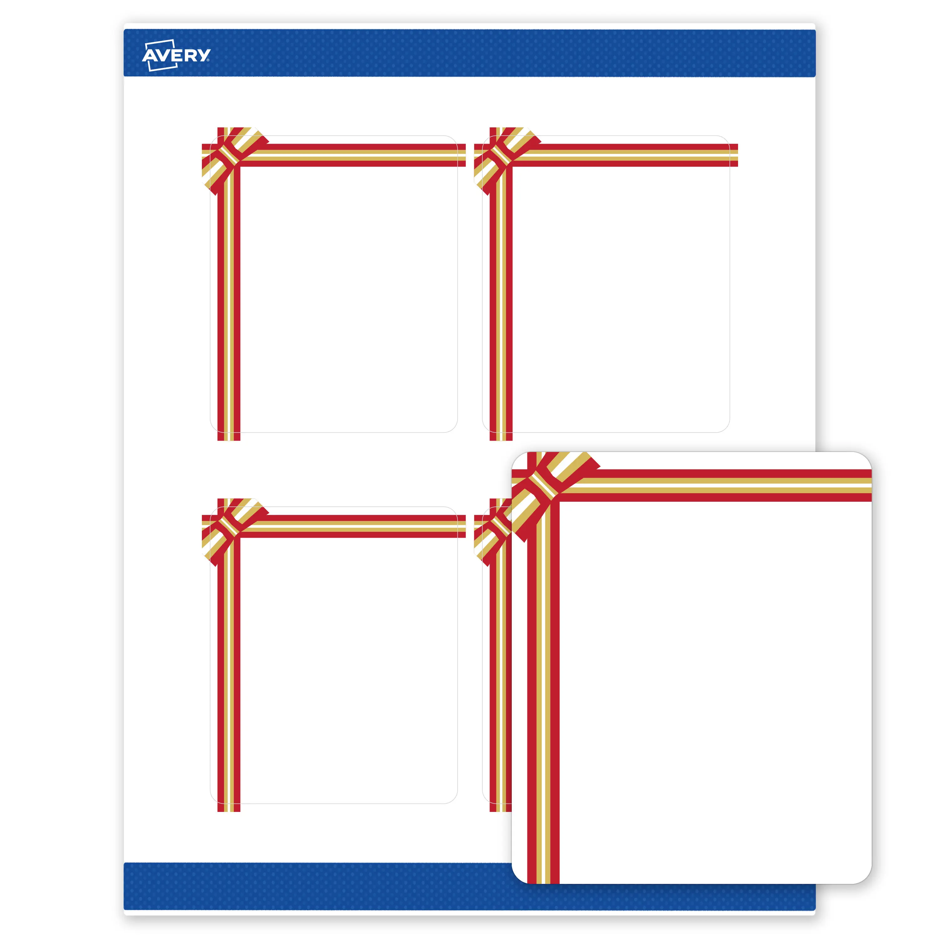 Avery® Printable Christmas Rectangle Labels, 4" x 3-1/3", Matte White, Pre-printed Red & Metallic Gold Gift Bow Design, Sure Feed® Technology, Laser & Inkjet Compatible, 80 Total
