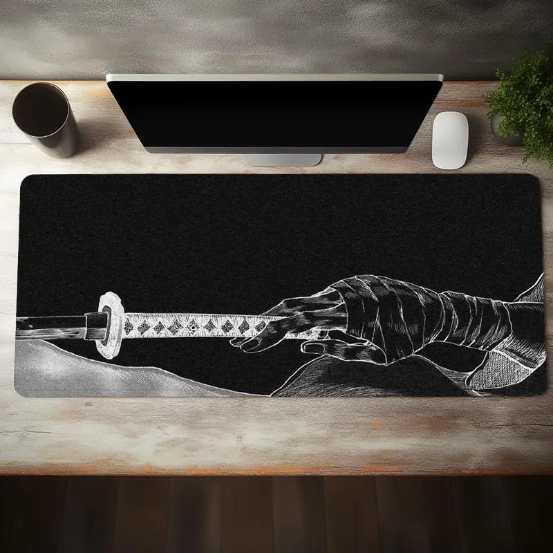 Japanese Katana Pattern Mouse Pad, Rectangular Gaming Mouse Pad, Office Desk Keyboard Mat, Computer Desk Pad with Non-Slip Rubber Base & Stitched Edge for Home & Office Gaming, Desk Accessory, Computer Accessories for Desk