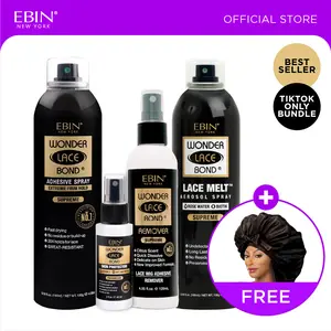 EBIN Adhesive Spray + Melt Aerosol Spray + Skin Protector + Remover Bundle With FREE Wonder Wig Tie-Up Bonnet | Holding, Easy Application, Delicate