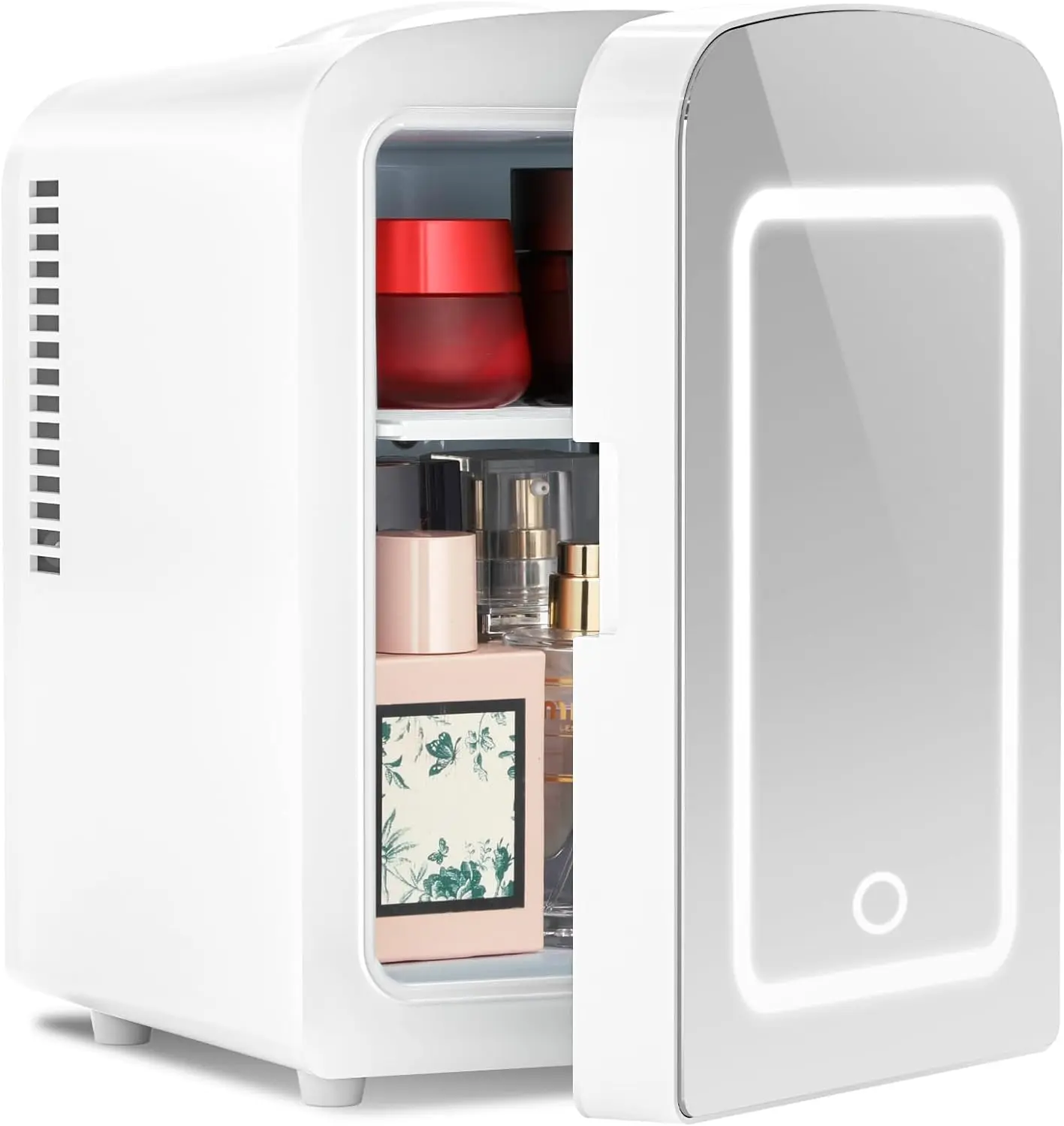 Antarctic Star 4L Portable Mini Fridge Cooler - Home & Car Use Quiet Operation Built-In Small Spaces Refrigerator with Soft LED Mirror, Car-Ready Power, 6-Can Compact Skincare & Makeup Fridge for Bedroom, Light Up Your Space