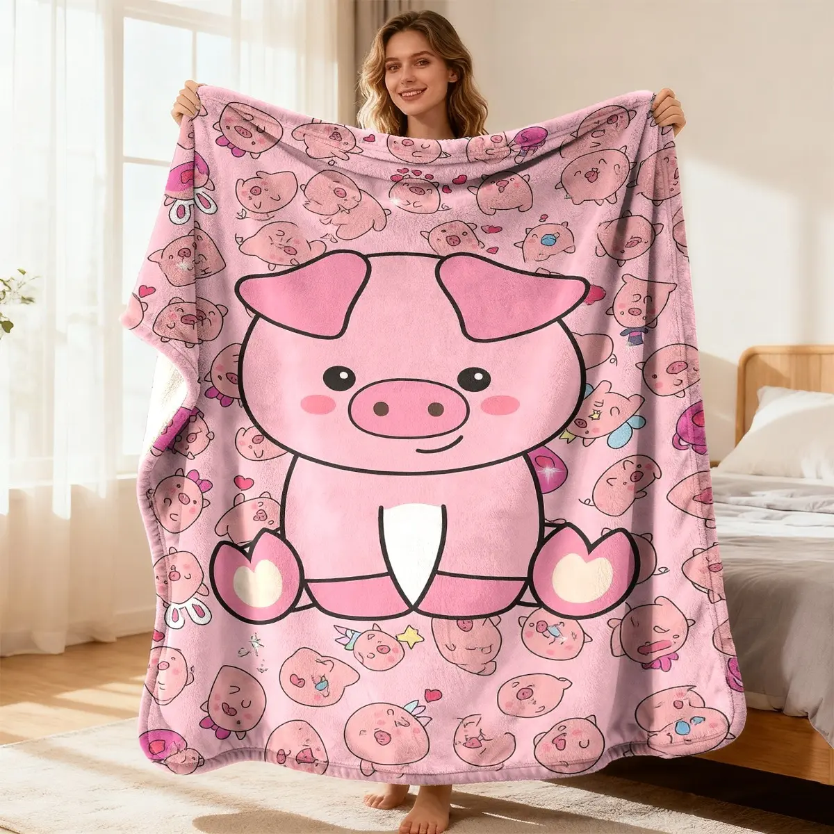 Kawaii Cartoon Pig Flannel Throw Blanket - Plush, Soft, Cozy Multi-Size Character Figure Decor for Bedroom, Sofa, Ideal Gift for Pig Lovers (Cartoon, Cute Decorative Blanket), Throw Blankets, Cartoon Blankets