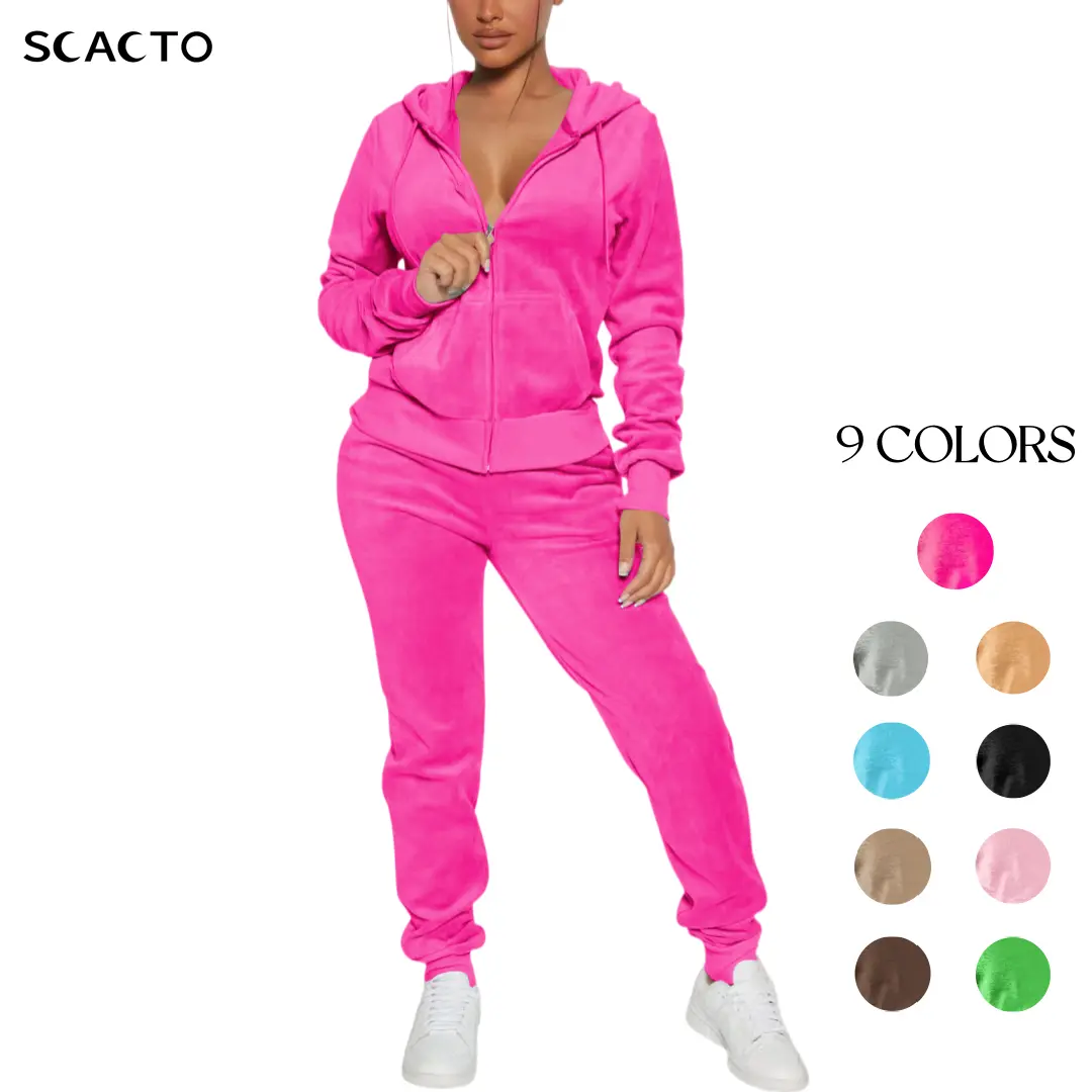 Scacto Women's Chunky Ribbed Fabric 2-Piece Casual Set - Long Sleeve Cropped Hoodie, Fitted Zipper-Pocket Pants, Adjustable V-Neck Stretch Polyester Lounge & Gym Outfit